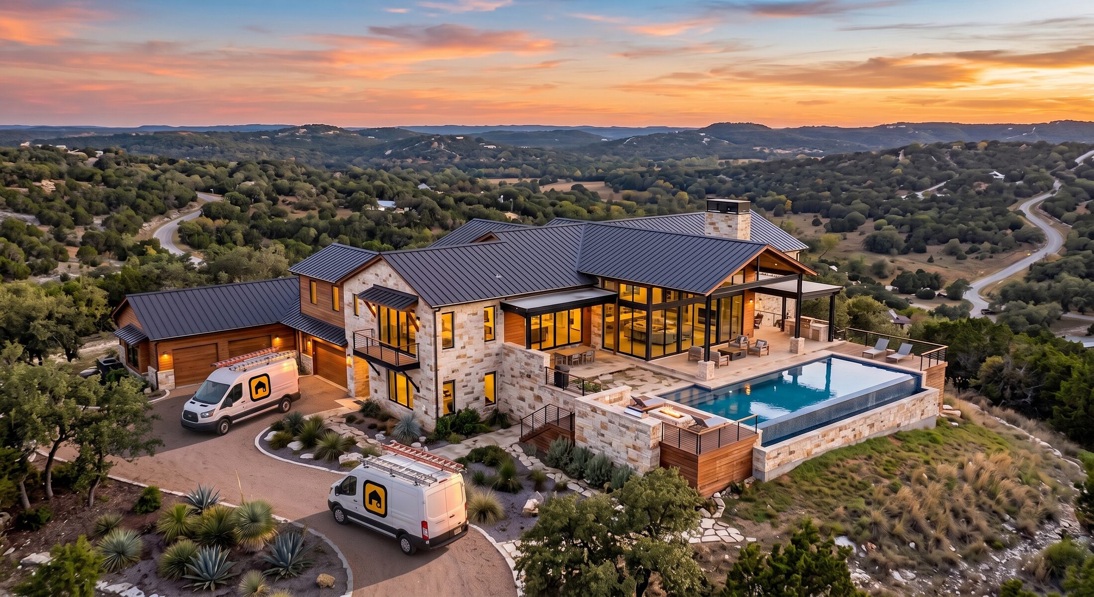A Hill Country home at sunset with two branded service vans outside.
